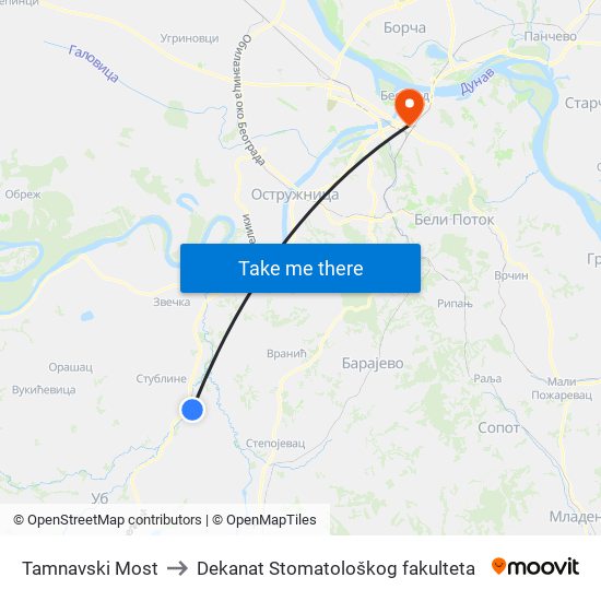 Tamnavski Most to Dekanat Stomatološkog fakulteta map