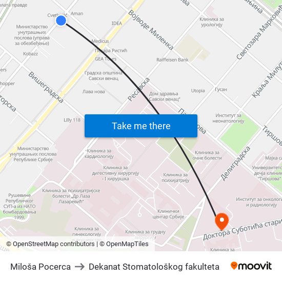 Miloša Pocerca to Dekanat Stomatološkog fakulteta map