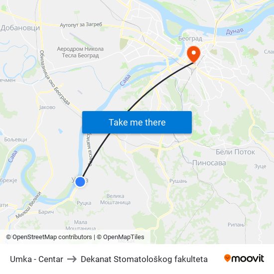 Umka - Centar to Dekanat Stomatološkog fakulteta map