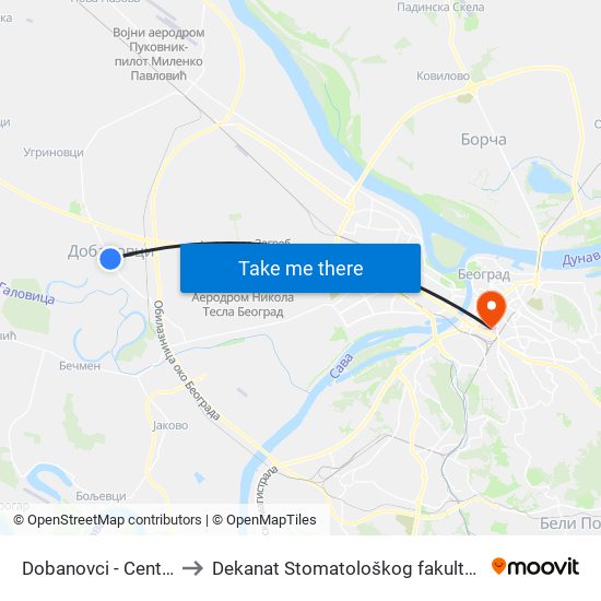 Dobanovci - Centar to Dekanat Stomatološkog fakulteta map