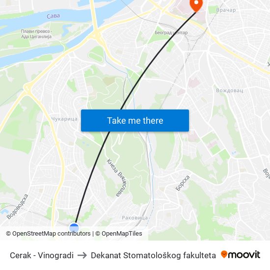 Cerak - Vinogradi to Dekanat Stomatološkog fakulteta map