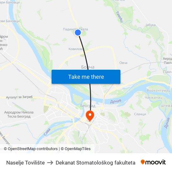 Naselje Tovilište to Dekanat Stomatološkog fakulteta map