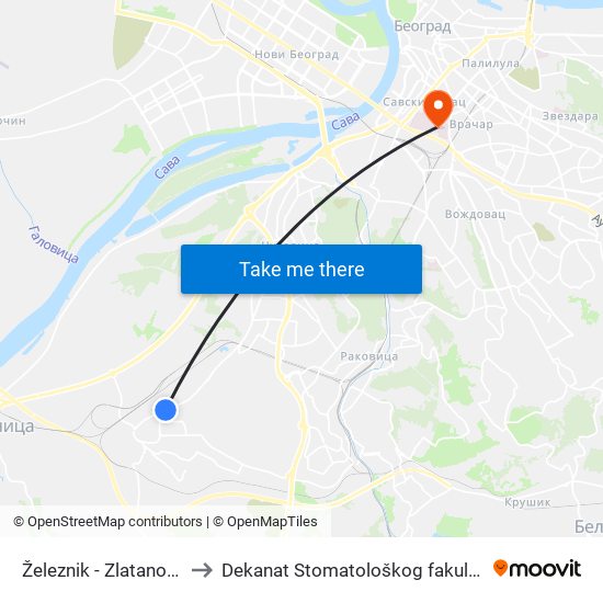 Železnik - Zlatanovići to Dekanat Stomatološkog fakulteta map
