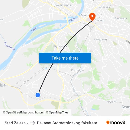 Stari Železnik to Dekanat Stomatološkog fakulteta map