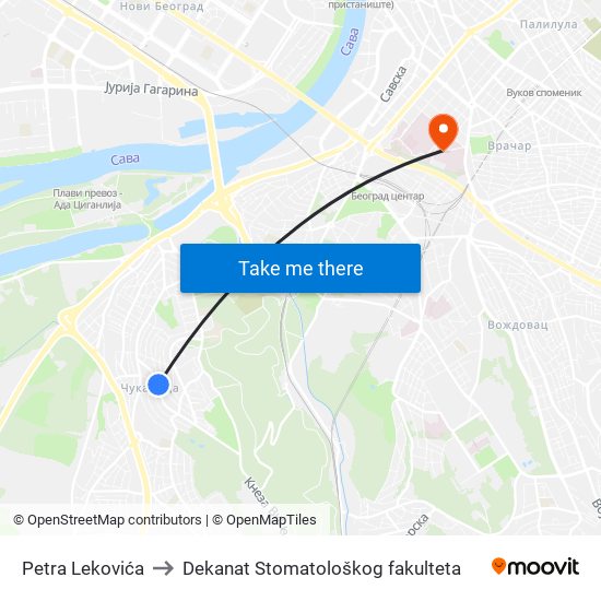 Petra Lekovića to Dekanat Stomatološkog fakulteta map