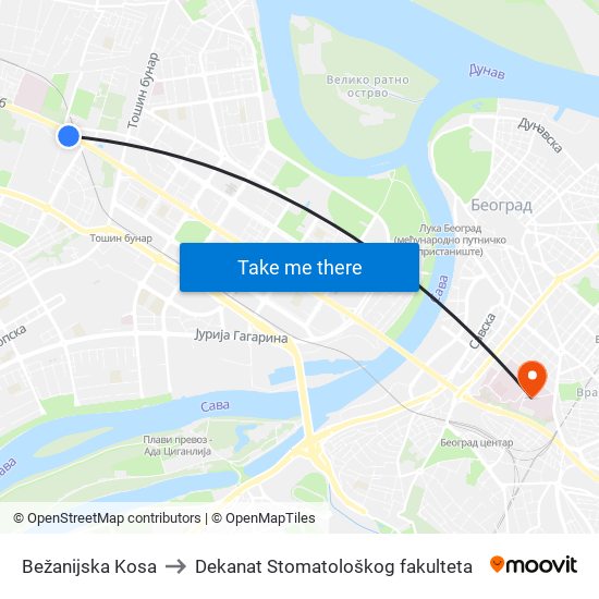 Bežanijska Kosa to Dekanat Stomatološkog fakulteta map