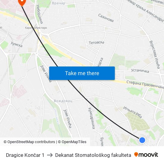 Dragice Končar 1 to Dekanat Stomatološkog fakulteta map