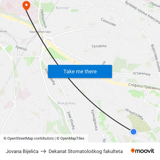 Jovana Bijelića to Dekanat Stomatološkog fakulteta map