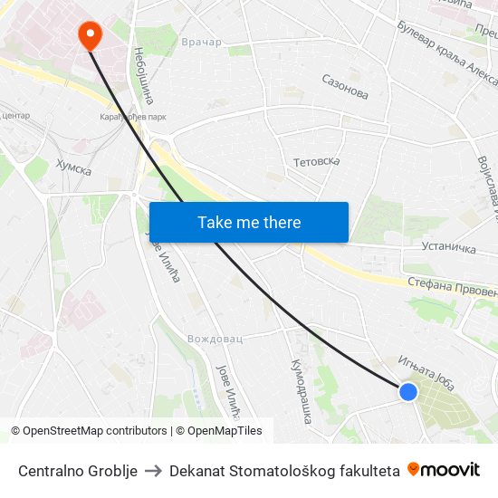 Centralno Groblje to Dekanat Stomatološkog fakulteta map