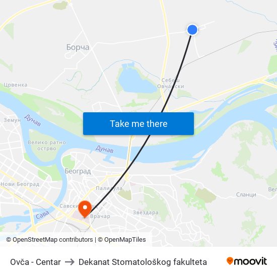 Ovča - Centar to Dekanat Stomatološkog fakulteta map