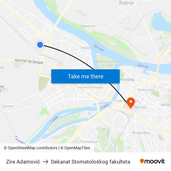 Zire Adamović to Dekanat Stomatološkog fakulteta map