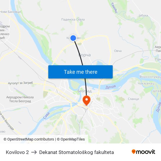 Kovilovo 2 to Dekanat Stomatološkog fakulteta map