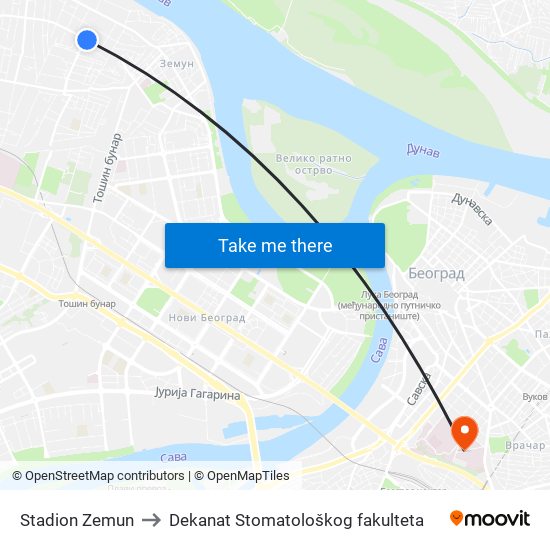 Stadion Zemun to Dekanat Stomatološkog fakulteta map
