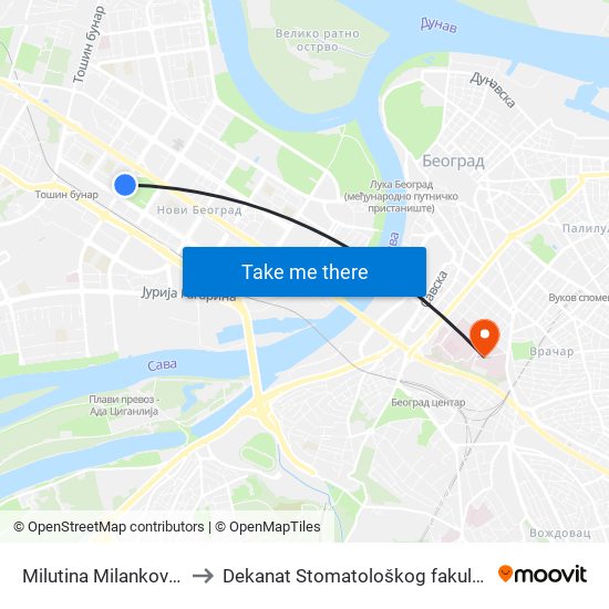 Milutina Milankovića to Dekanat Stomatološkog fakulteta map