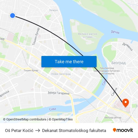 Oš Petar Kočić to Dekanat Stomatološkog fakulteta map