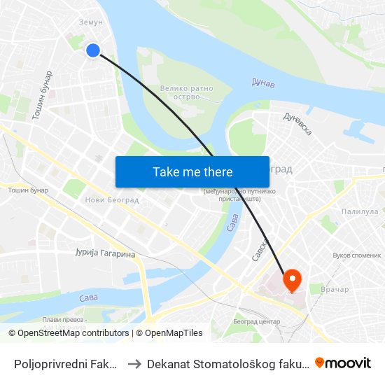 Poljoprivredni Fakultet to Dekanat Stomatološkog fakulteta map