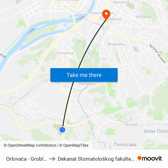 Orlovača - Groblje to Dekanat Stomatološkog fakulteta map