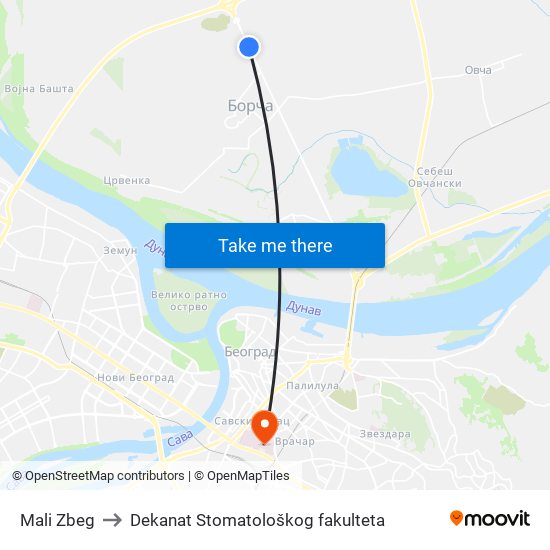 Mali Zbeg to Dekanat Stomatološkog fakulteta map