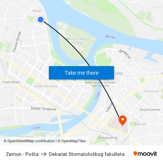 Zemun - Pošta to Dekanat Stomatološkog fakulteta map