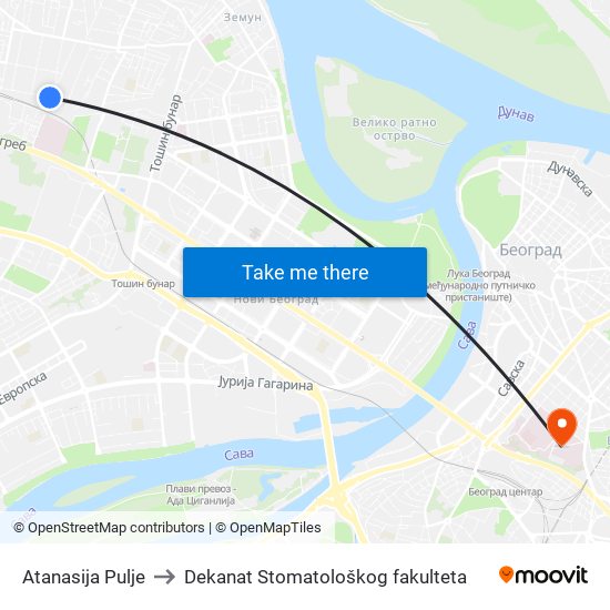 Atanasija Pulje to Dekanat Stomatološkog fakulteta map