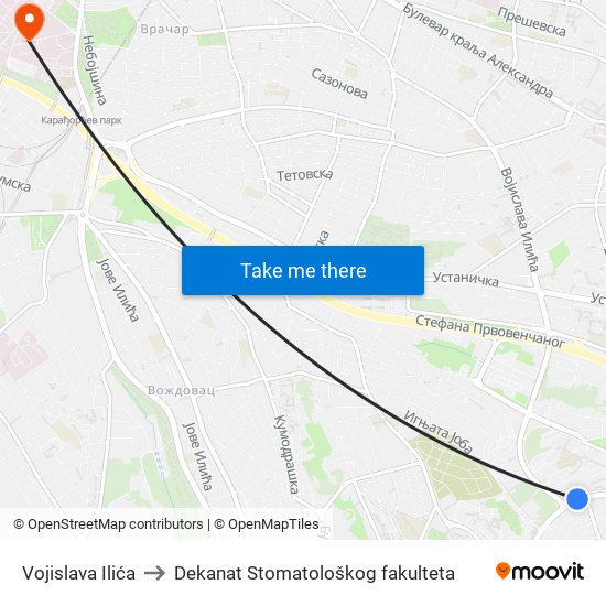 Vojislava Ilića to Dekanat Stomatološkog fakulteta map