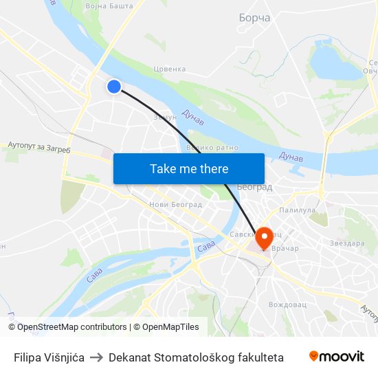 Filipa Višnjića to Dekanat Stomatološkog fakulteta map