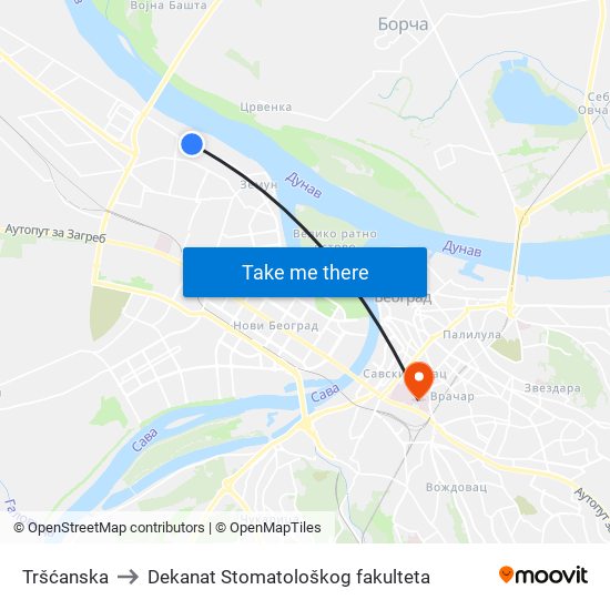Tršćanska to Dekanat Stomatološkog fakulteta map