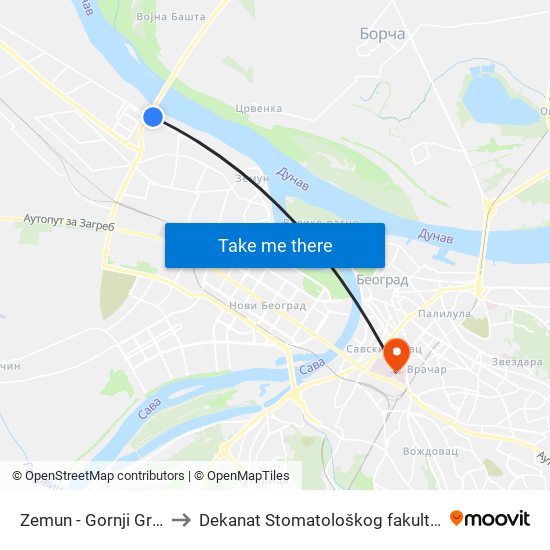 Zemun - Gornji Grad to Dekanat Stomatološkog fakulteta map