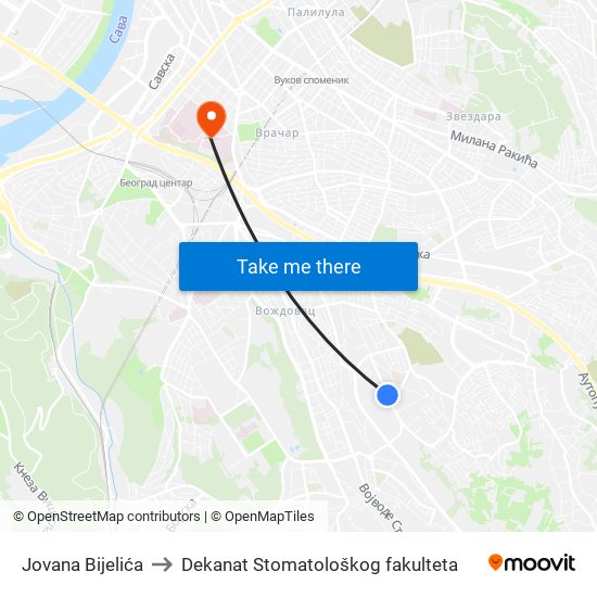 Jovana Bijelića to Dekanat Stomatološkog fakulteta map