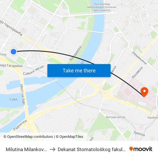 Milutina Milankovića to Dekanat Stomatološkog fakulteta map