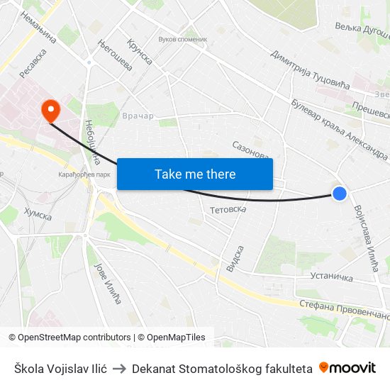 Škola Vojislav Ilić to Dekanat Stomatološkog fakulteta map