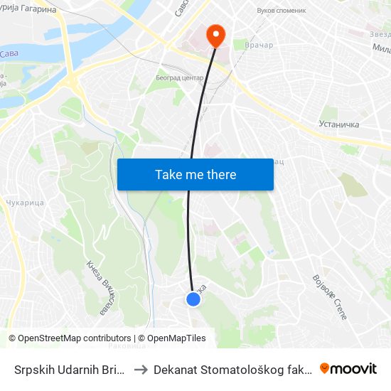 Srpskih Udarnih Brigada to Dekanat Stomatološkog fakulteta map