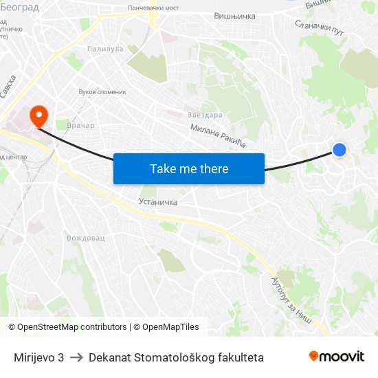 Mirijevo 3 to Dekanat Stomatološkog fakulteta map