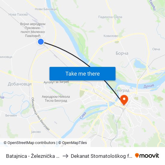 Batajnica - Železnička Stanica to Dekanat Stomatološkog fakulteta map