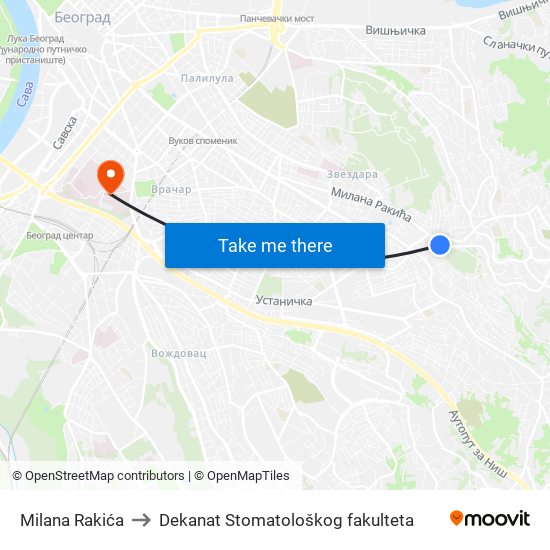 Milana Rakića to Dekanat Stomatološkog fakulteta map