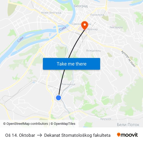 Oš 14. Oktobar to Dekanat Stomatološkog fakulteta map