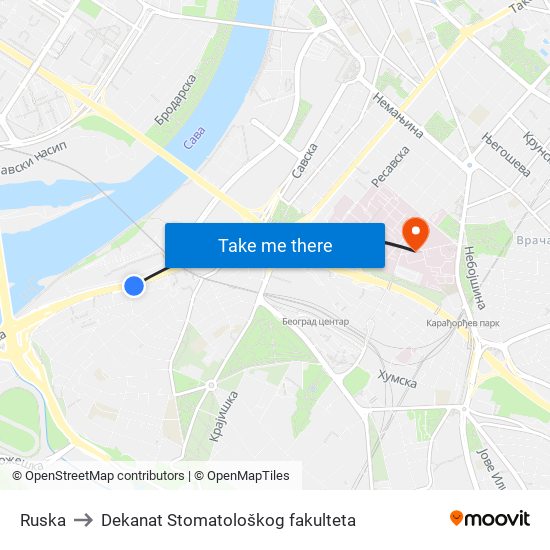 Ruska to Dekanat Stomatološkog fakulteta map