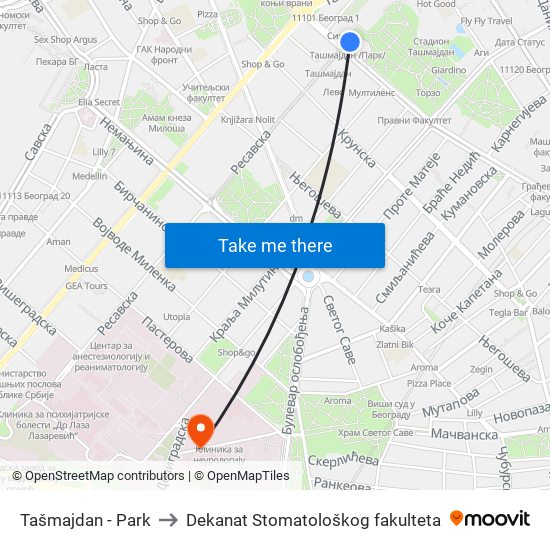 Tašmajdan - Park to Dekanat Stomatološkog fakulteta map