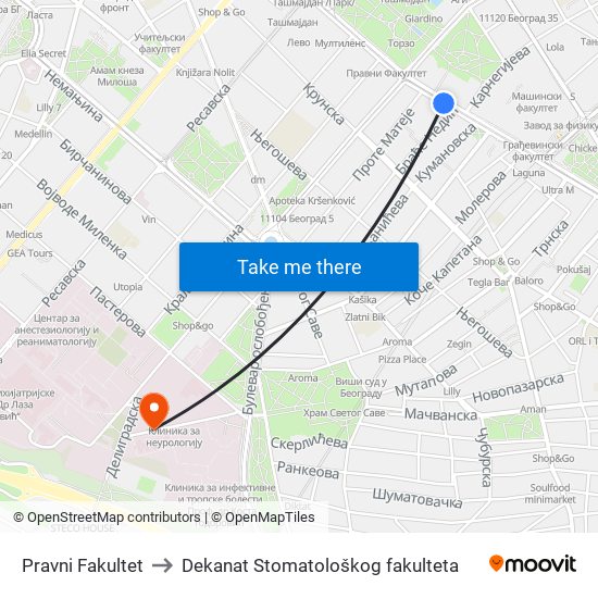 Pravni Fakultet to Dekanat Stomatološkog fakulteta map