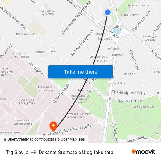 Trg Slavija to Dekanat Stomatološkog fakulteta map