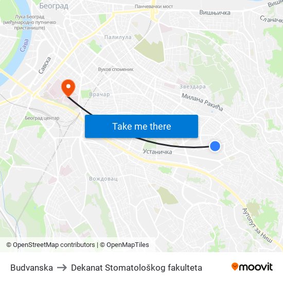 Budvanska to Dekanat Stomatološkog fakulteta map