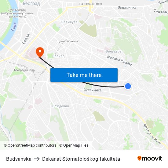 Budvanska to Dekanat Stomatološkog fakulteta map