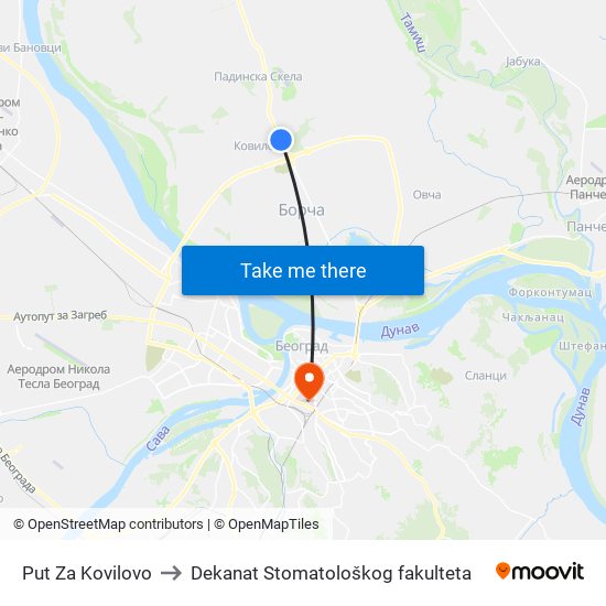 Put Za Kovilovo to Dekanat Stomatološkog fakulteta map