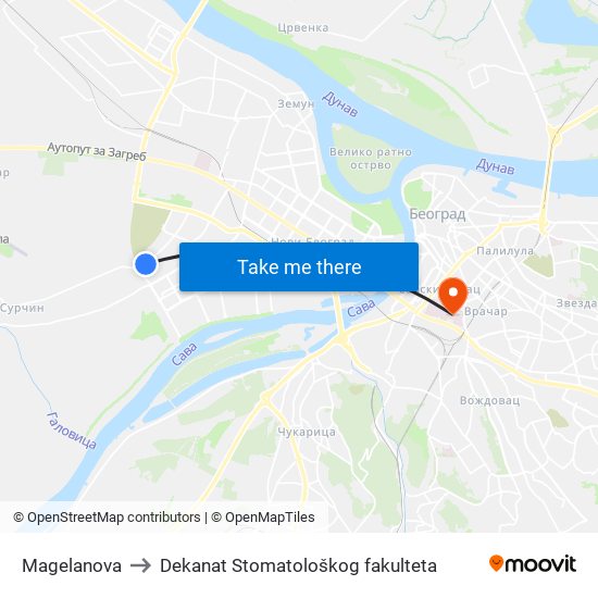 Magelanova to Dekanat Stomatološkog fakulteta map