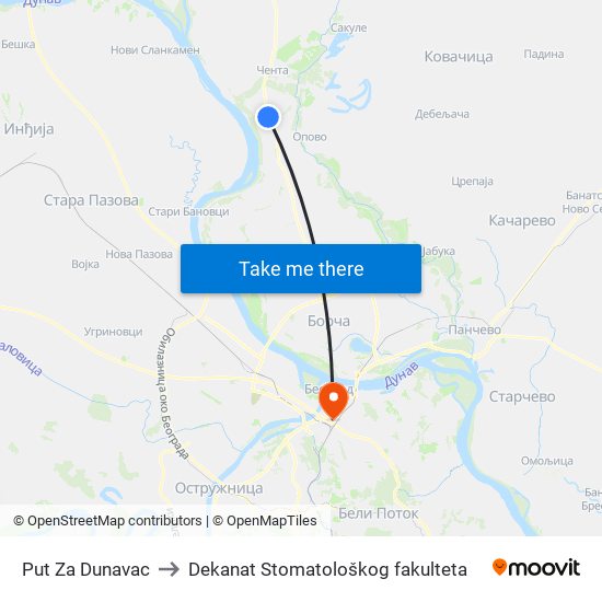 Put Za Dunavac to Dekanat Stomatološkog fakulteta map