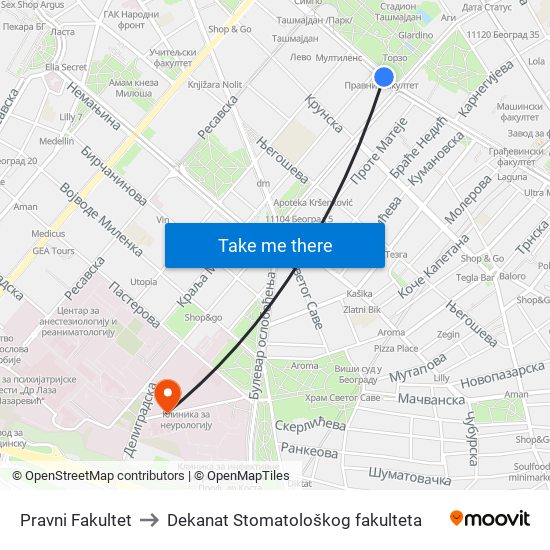 Pravni Fakultet to Dekanat Stomatološkog fakulteta map