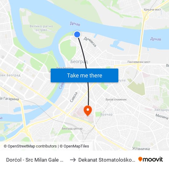 Dorćol - Src Milan Gale Muškatirović to Dekanat Stomatološkog fakulteta map