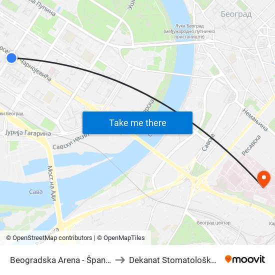 Beogradska Arena - Španskih Boraca to Dekanat Stomatološkog fakulteta map