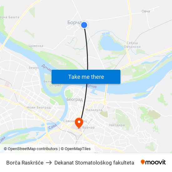 Borča Raskršće to Dekanat Stomatološkog fakulteta map