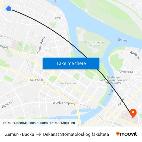 Zemun - Bačka to Dekanat Stomatološkog fakulteta map